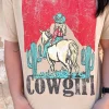 Hot Dear-Lover Cowgirl Rodeo Graphic Western Fashion Tee Khaki