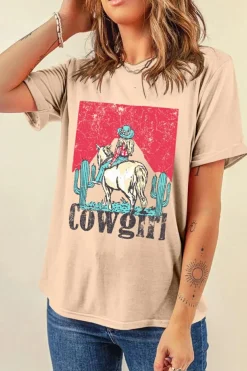Hot Dear-Lover Cowgirl Rodeo Graphic Western Fashion Tee Khaki