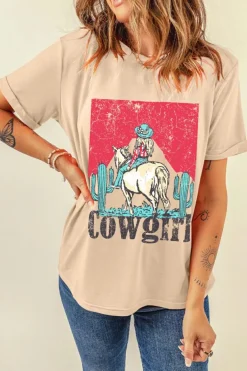 Hot Dear-Lover Cowgirl Rodeo Graphic Western Fashion Tee Khaki