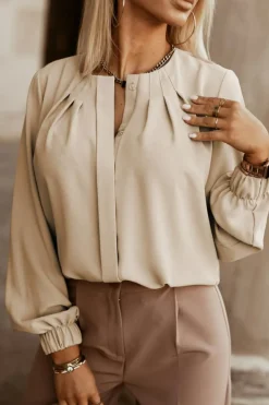 Hot Dear-Lover Crew Neck Gathered Stretch Cuff Shirt Khaki