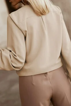Hot Dear-Lover Crew Neck Gathered Stretch Cuff Shirt Khaki