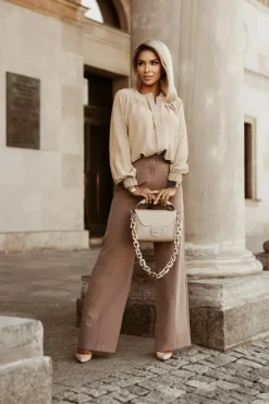 Hot Dear-Lover Crew Neck Gathered Stretch Cuff Shirt Khaki