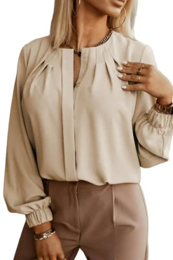Hot Dear-Lover Crew Neck Gathered Stretch Cuff Shirt Khaki
