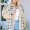 Sale Dear-Lover Distressed Raw Edge Plaid Patchwork Denim Jacket Khaki