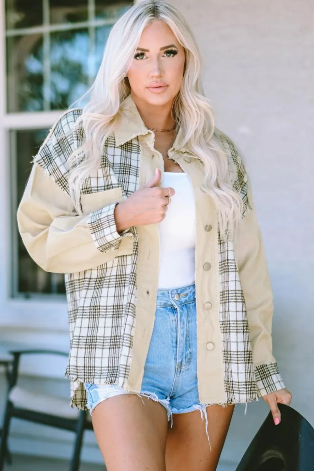 Sale Dear-Lover Distressed Raw Edge Plaid Patchwork Denim Jacket Khaki
