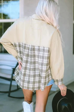 Sale Dear-Lover Distressed Raw Edge Plaid Patchwork Denim Jacket Khaki