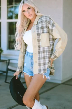 Sale Dear-Lover Distressed Raw Edge Plaid Patchwork Denim Jacket Khaki