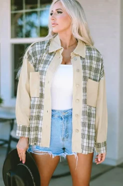 Sale Dear-Lover Distressed Raw Edge Plaid Patchwork Denim Jacket Khaki