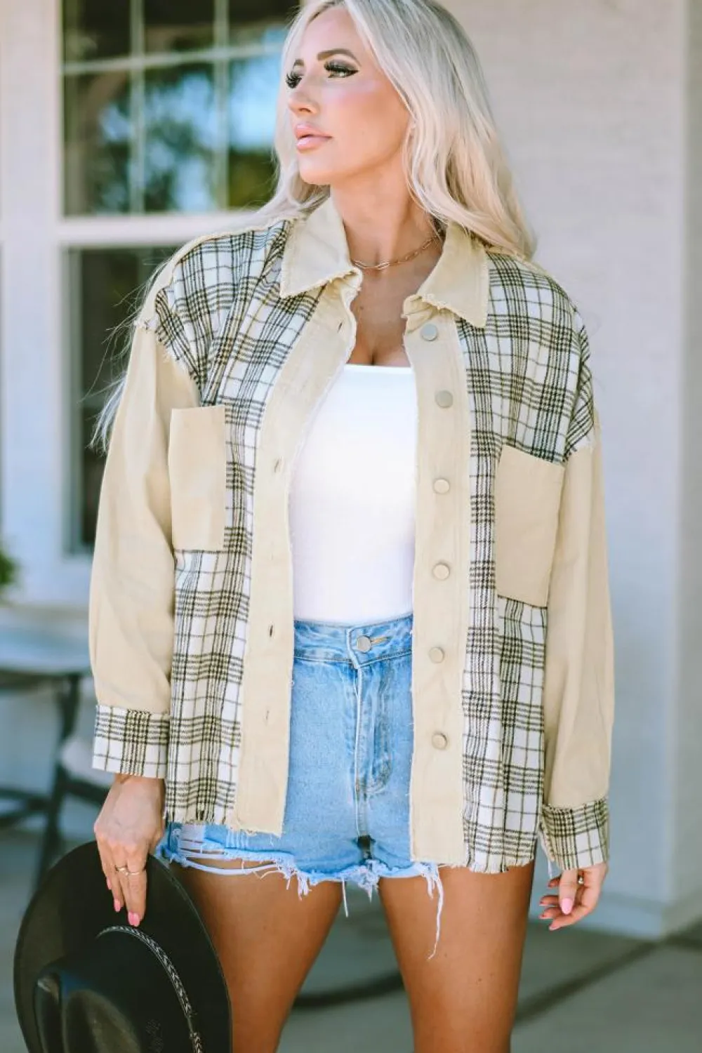 Sale Dear-Lover Distressed Raw Edge Plaid Patchwork Denim Jacket Khaki