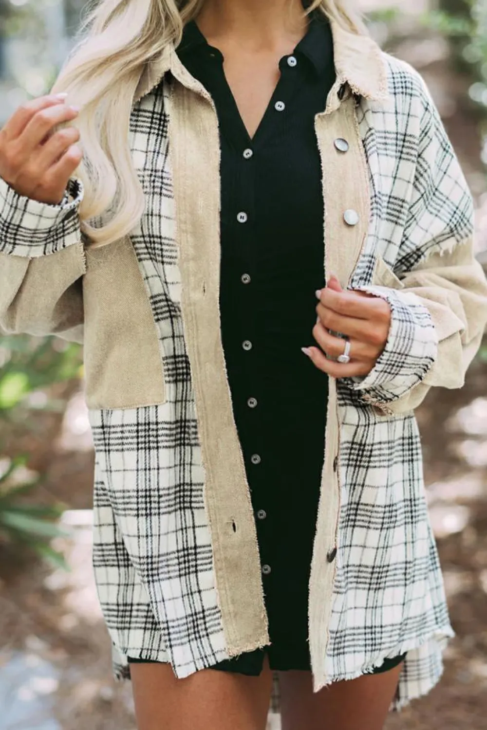 Sale Dear-Lover Distressed Raw Edge Plaid Patchwork Denim Jacket Khaki