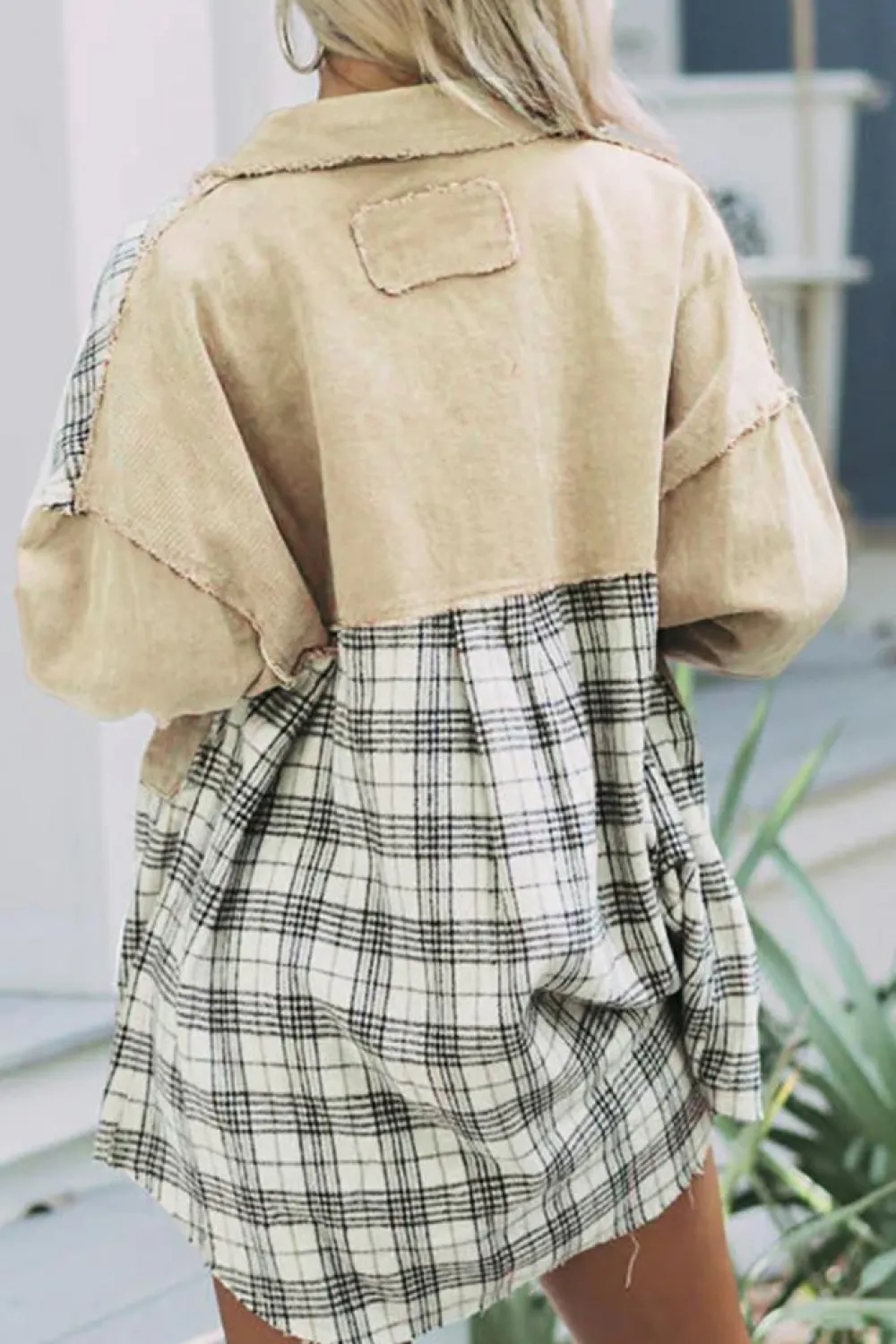 Sale Dear-Lover Distressed Raw Edge Plaid Patchwork Denim Jacket Khaki