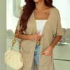 Online Dear-Lover Dolman Half Sleeve Pocketed Long Cardigan Khaki