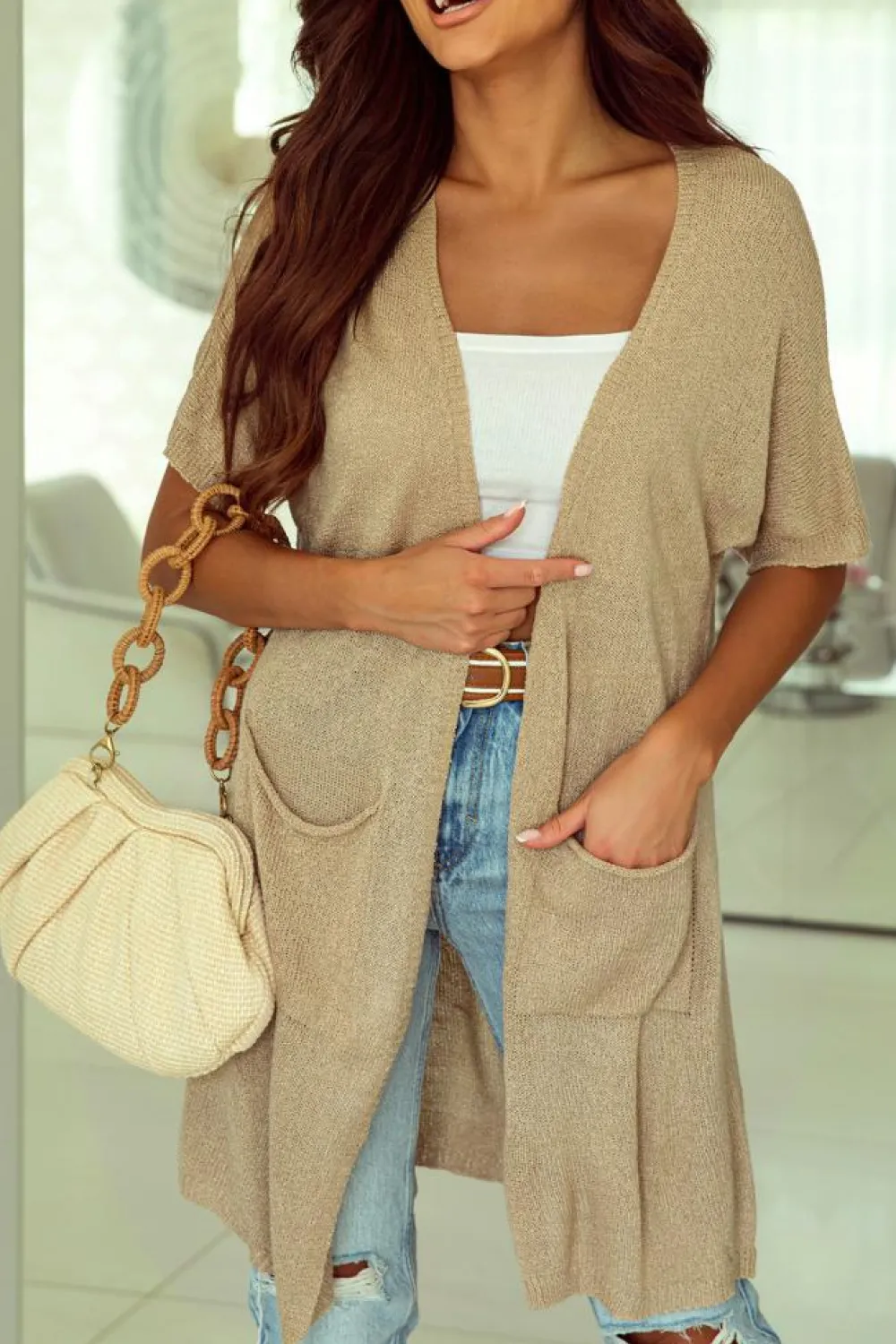 Online Dear-Lover Dolman Half Sleeve Pocketed Long Cardigan Khaki