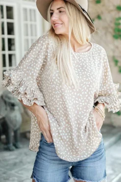 Clearance Dear-Lover Dolman Ruffled Sleeve Loose Blouse Khaki