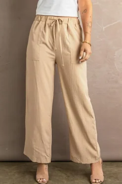 Online Dear-Lover Drawstring Waist Crinkled Wide Leg Pants Khaki