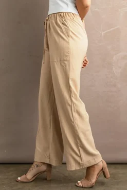 Online Dear-Lover Drawstring Waist Crinkled Wide Leg Pants Khaki