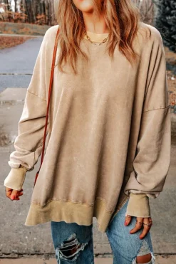 Hot Dear-Lover Drop Shoulder Ribbed Trim Oversized Sweatshirt Khaki