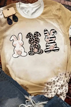 Best Dear-Lover Easter Bunny Leopard Bleached Print Graphic Tee Khaki