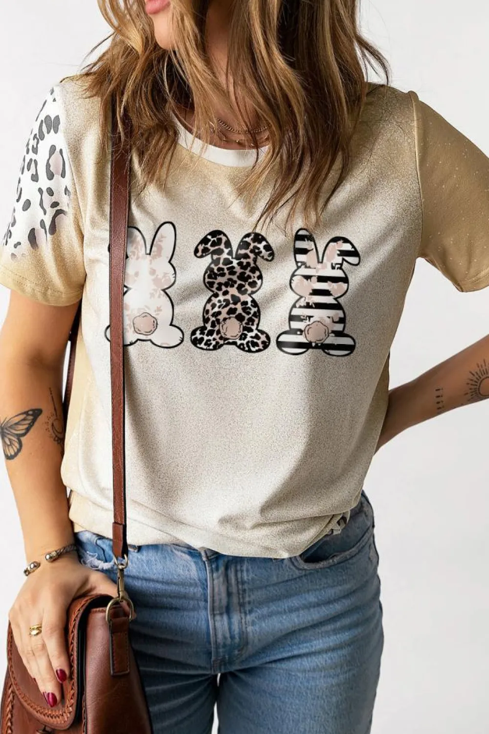 Best Dear-Lover Easter Bunny Leopard Bleached Print Graphic Tee Khaki