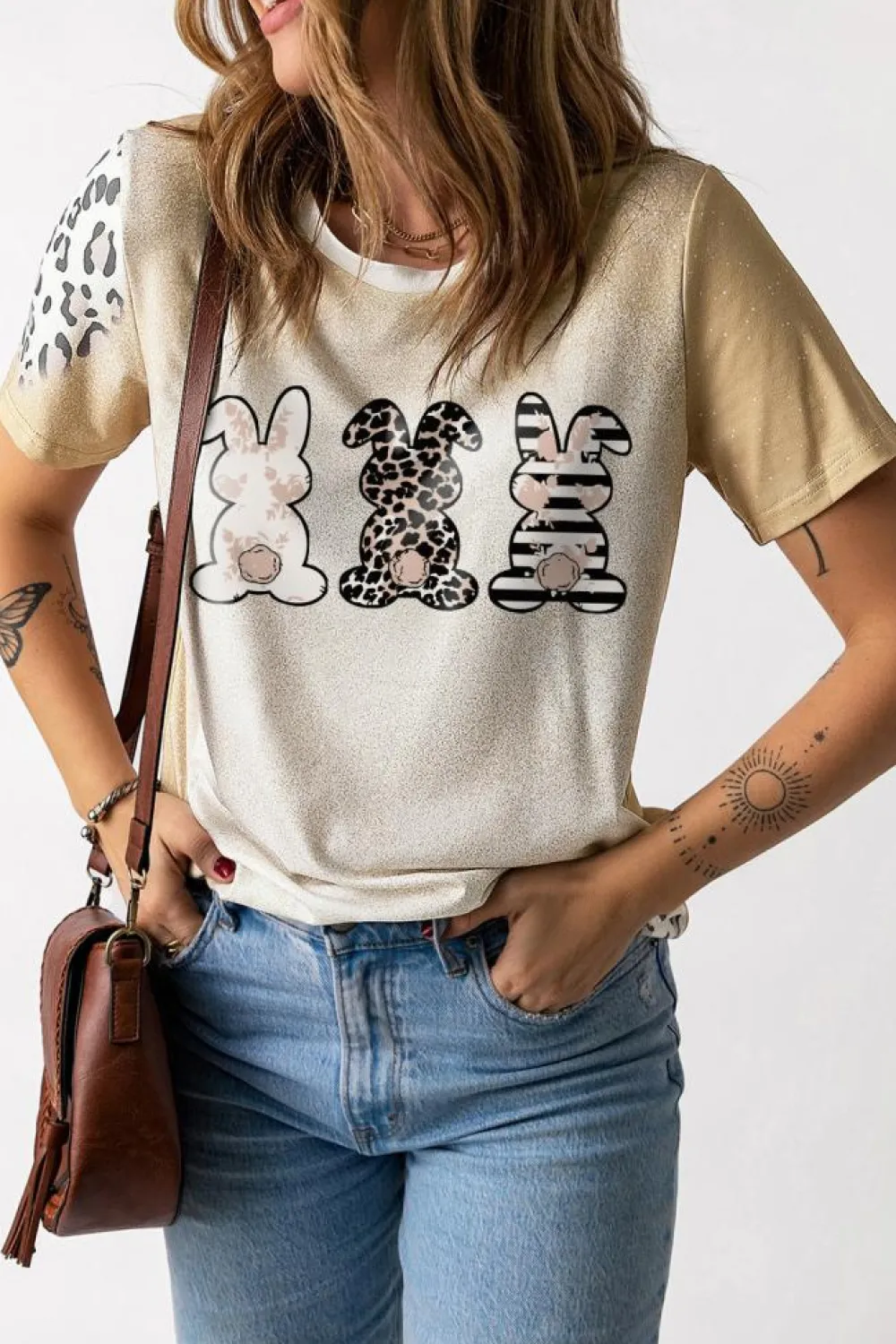 Best Dear-Lover Easter Bunny Leopard Bleached Print Graphic Tee Khaki