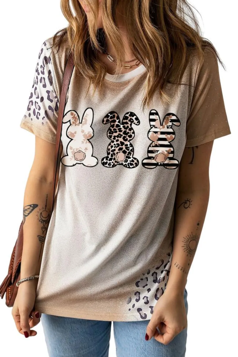 Best Dear-Lover Easter Bunny Leopard Bleached Print Graphic Tee Khaki