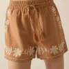 Fashion Dear-Lover Embroidered Boho Tasseled Drawstring Elastic Waist Casual shorts Khaki