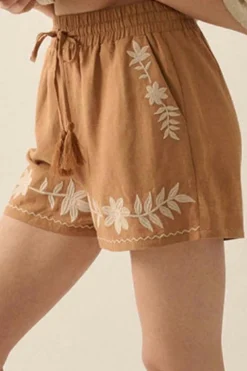 Fashion Dear-Lover Embroidered Boho Tasseled Drawstring Elastic Waist Casual shorts Khaki