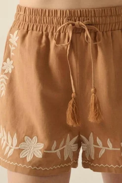 Fashion Dear-Lover Embroidered Boho Tasseled Drawstring Elastic Waist Casual shorts Khaki