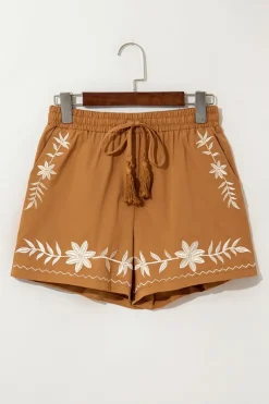 Fashion Dear-Lover Embroidered Boho Tasseled Drawstring Elastic Waist Casual shorts Khaki