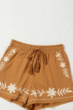 Fashion Dear-Lover Embroidered Boho Tasseled Drawstring Elastic Waist Casual shorts Khaki
