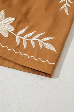 Fashion Dear-Lover Embroidered Boho Tasseled Drawstring Elastic Waist Casual shorts Khaki