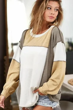 Outlet Dear-Lover Exposed Seam Color Block Patchwork Top Khaki