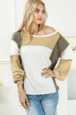 Outlet Dear-Lover Exposed Seam Color Block Patchwork Top Khaki