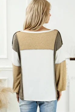 Outlet Dear-Lover Exposed Seam Color Block Patchwork Top Khaki