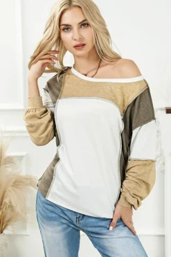 Outlet Dear-Lover Exposed Seam Color Block Patchwork Top Khaki