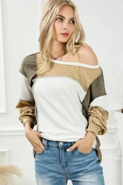 Outlet Dear-Lover Exposed Seam Color Block Patchwork Top Khaki