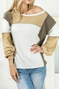 Outlet Dear-Lover Exposed Seam Color Block Patchwork Top Khaki