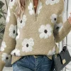 Clearance Dear-Lover Floral Pattern Half Zip Drop Shoulder Sweater Khaki