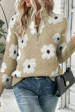Clearance Dear-Lover Floral Pattern Half Zip Drop Shoulder Sweater Khaki
