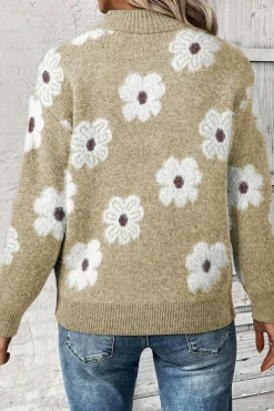 Clearance Dear-Lover Floral Pattern Half Zip Drop Shoulder Sweater Khaki