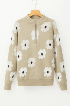 Clearance Dear-Lover Floral Pattern Half Zip Drop Shoulder Sweater Khaki