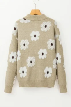 Clearance Dear-Lover Floral Pattern Half Zip Drop Shoulder Sweater Khaki