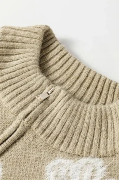 Clearance Dear-Lover Floral Pattern Half Zip Drop Shoulder Sweater Khaki