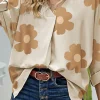 Hot Dear-Lover Floral Print High Low Pintuck V Neck Oversized Blouse Khaki