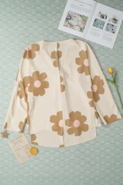 Hot Dear-Lover Floral Print High Low Pintuck V Neck Oversized Blouse Khaki