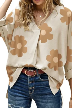 Hot Dear-Lover Floral Print High Low Pintuck V Neck Oversized Blouse Khaki
