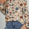 Sale Dear-Lover Floral Print Loose Crew Neck Long Sleeve T Shirt Khaki