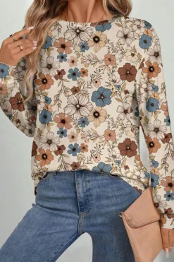 Sale Dear-Lover Floral Print Loose Crew Neck Long Sleeve T Shirt Khaki