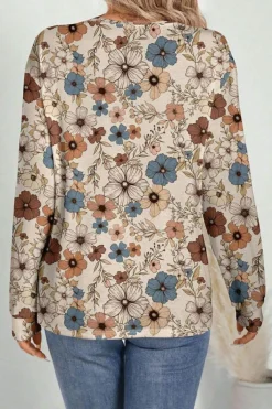 Sale Dear-Lover Floral Print Loose Crew Neck Long Sleeve T Shirt Khaki
