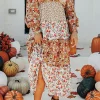 Online Dear-Lover Floral Print Ruffled Tiered Long Sleeve V Neck Midi Dress Khaki
